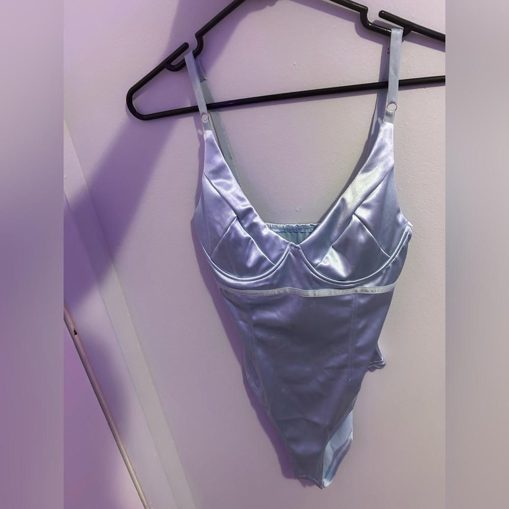 Medium light blue polyester leotard